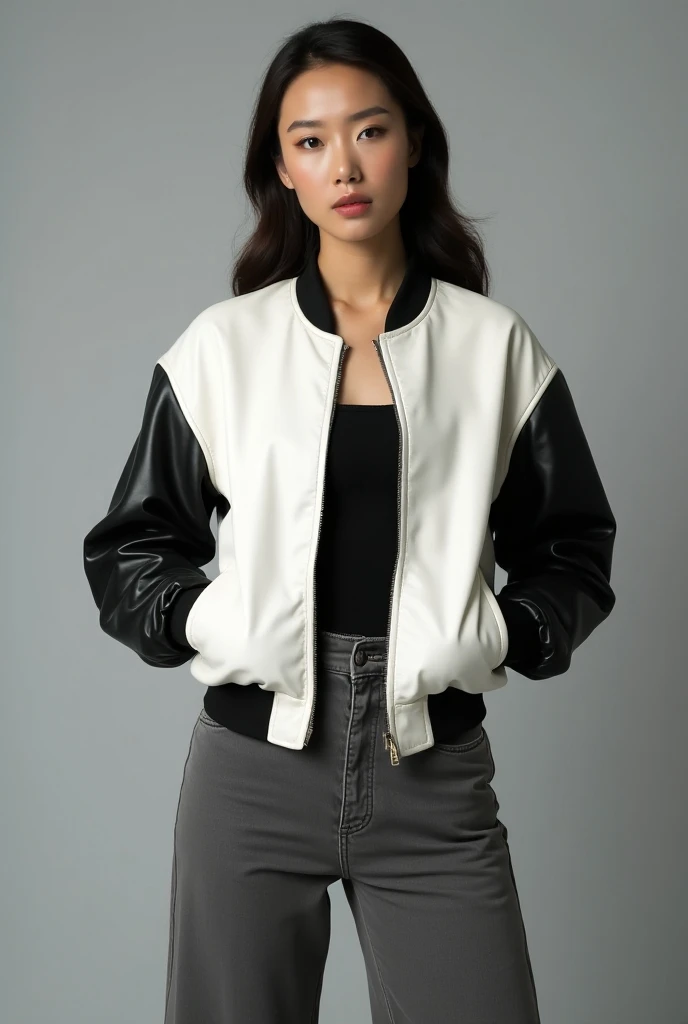 Beautiful asian woman in the white leather bomber oversize jacket with black leather sleeves and jeans wide leg in the grey screen