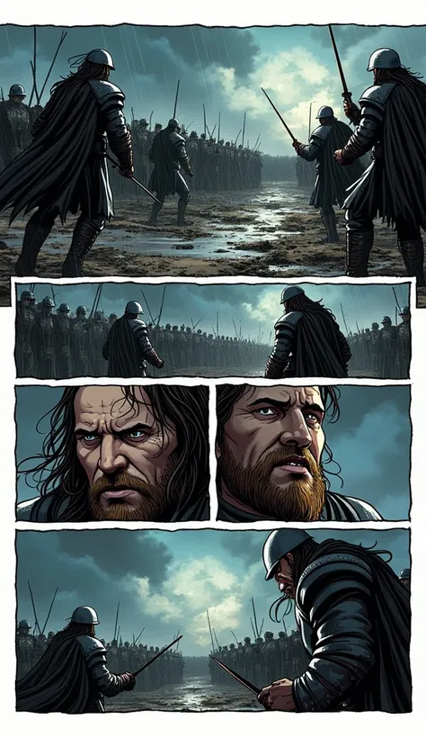 "Storyboard, Comic book panel layout with white border, Multiple views, Immersive, Go Pro, Action Pose, 6 panels ""Scene of Vlad’s soldiers finding new strength as they fight with vigor, pushing back the enemy forces. Their faces display a mixture of exhau...