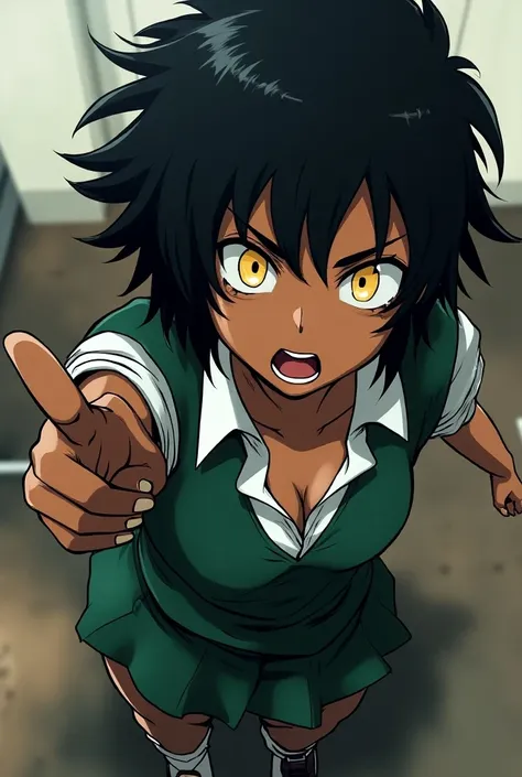 Boku no hero academia comics panel of a female. she has black hair, and yellow eyes, and black skin, she is a hero, she is wearing Ua school uniform. in classroom.