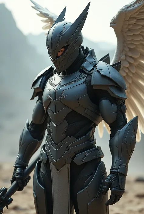 Male combat armor with helmet and angelic features in a combat position