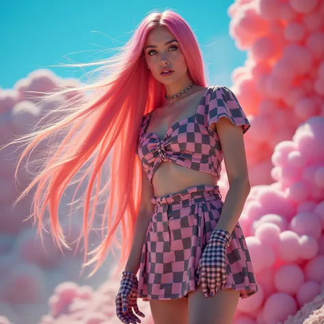 A woman with long colored hair with many tails,she will wear a checkered crop top,a checked mini skirt and checked gloves,I want the surrealist and absurd background,I want her to be beautiful and posing like a model ,make the photo vibrant and electrics c...