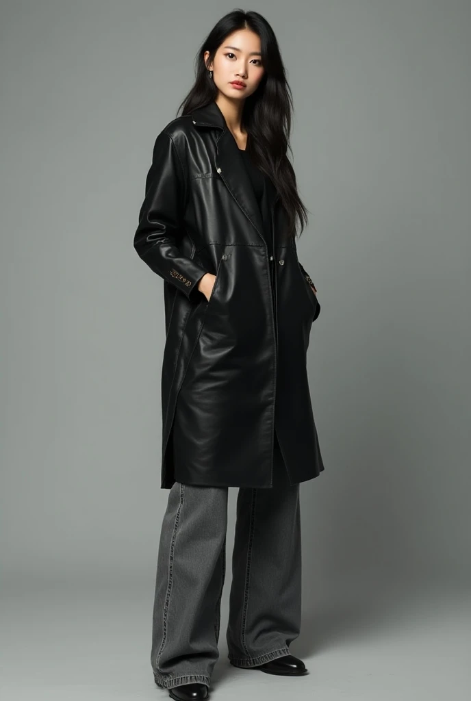 Beautiful asian woman in the black leather oversize jacket with white leather sleeves and jeans wide leg in the grey screen