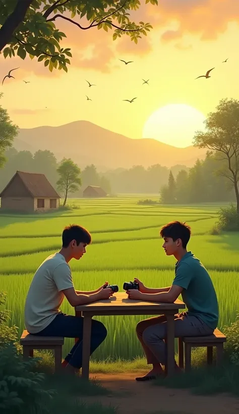 Scene 1: Village Landscape at Dawn

Prompt: "A peaceful rural village at dawn, with soft golden sunlight casting over lush green rice fields. The distant hills are silhouetted in the background, with rustic cottages dotting the landscape. Birds are chirpin...