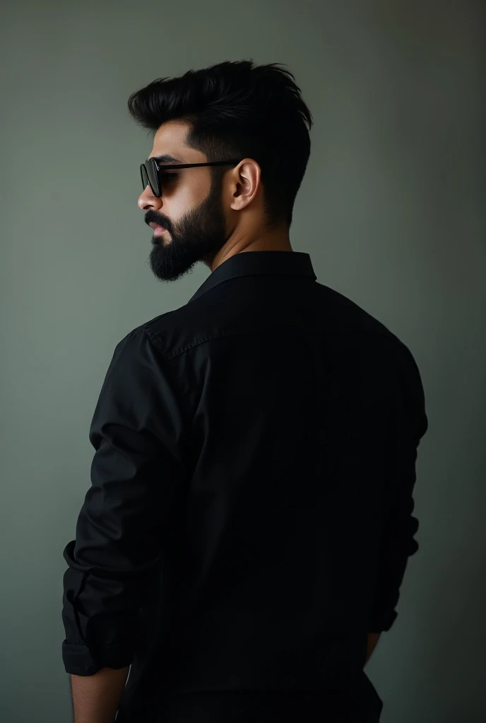 A bangladeshi man with beard wearing black shirt with a sunglasses age 25 view from back