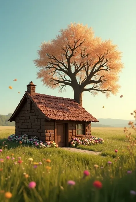 In a grassy plain with low, paved fields, there is a hut made of chocolate, and next to it there is a magical tree that gives sweets instead of fruit