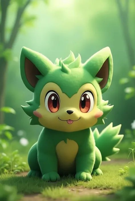 Pokemon, 3d anime, cute baby sabertooth, green fur, grass and dark type, have a small fangs