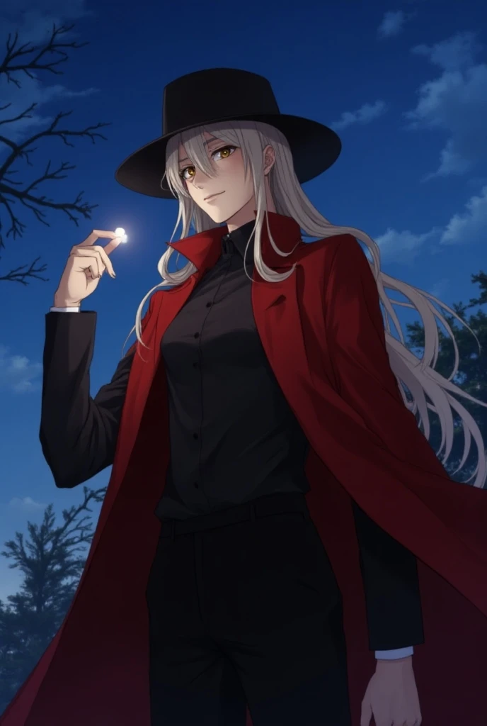 (réaliste:0.2), anime illustration, 1fille,, manteau rouge, grand chapeau rouge, à Paris France, SFW, pantalon noir, chemise noire de bureau,, Carmen santé mentale,, ciel bleu,, cheveux longs,, éclairage dramatique, lumières, epic lumières, lumière sur le ...