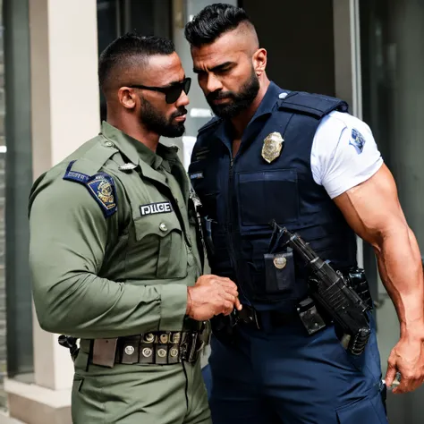 Create an image of a very attractive, muscular police officer. He should have a striking masculine appearance with a dominant and strong presence. His features should be bold and characterful, conveying confidence and authority. Dress him in a well-fitted ...