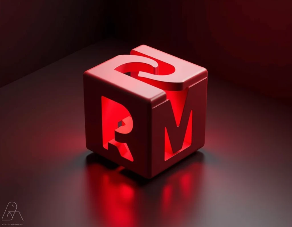 Design a modern, abstract logo for the brand Red Morph, highlighting a clear transformation from the letter R to the letter M as the central visual element. Use an isometric, 3D cube structure to embody this morphing effect, where one side of the cube dist...