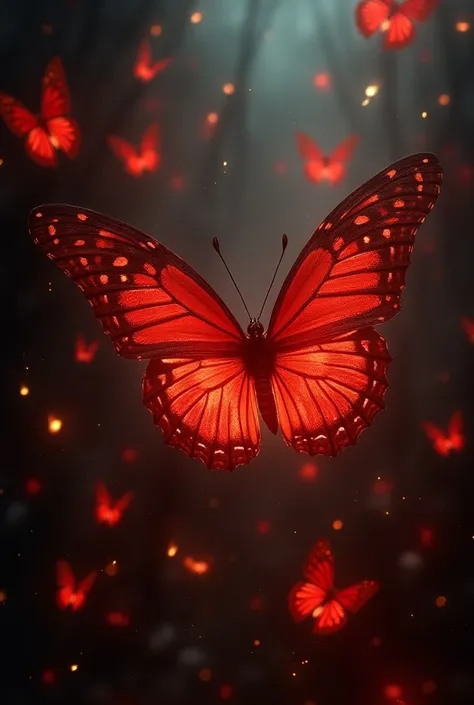 Many red butterfly with fire in dark place 
