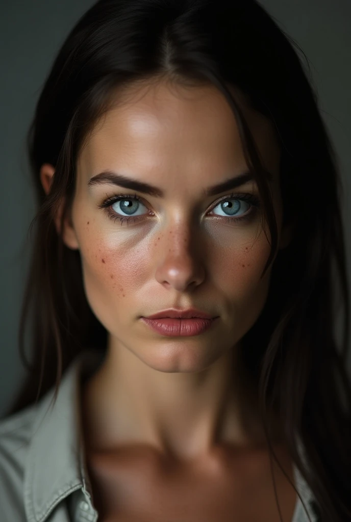  An adult white woman with freckles, some evident on her oval face, with straight black hair parted in half ,  intense blue eyes and a fleshy, reddish mouth , with how expressed and well-defined beings . 