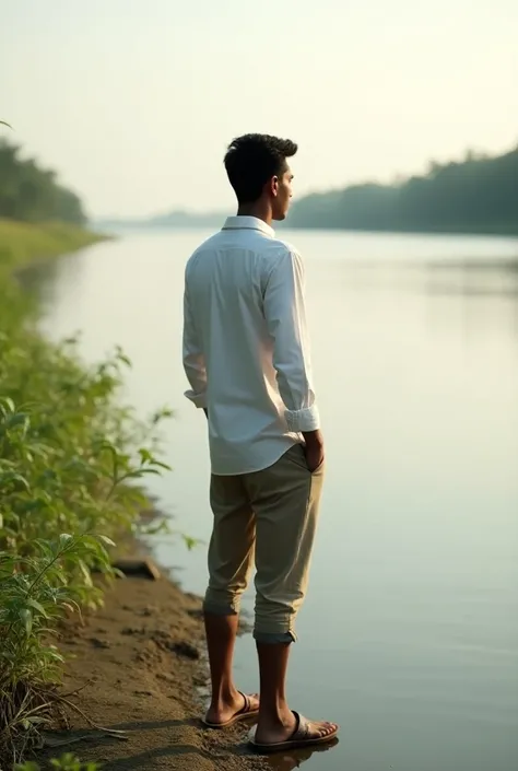 A bangladeshi man in river side wearing white shirt age 25 view from back