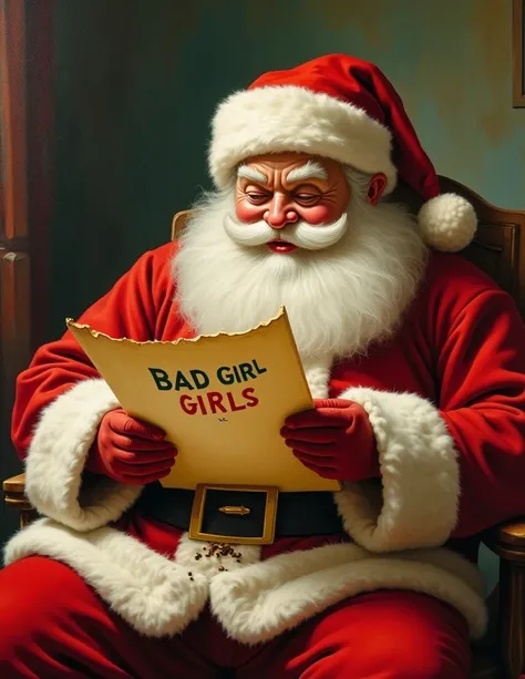 score_9, score_8_up, score_7_up, Oil Painting, Art Style Frank Frazetta, Vintage 1915 photo of Rotund Santa reading over "Bad Girls" List. While eating Milk and chocolate chip Cookies