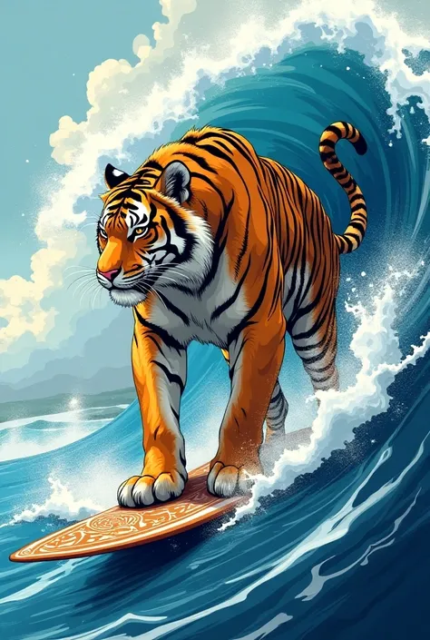 A tiger surfing a big wave standing up but not look gay can you make it look like a drawing 