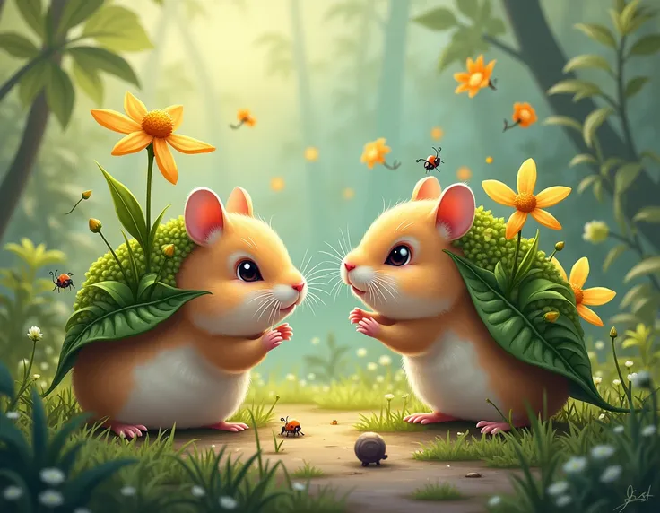  create image according to the description :   Hamsters that have adapted to have small leaves and flowers sprouting from their backs . These leaves are photosynthetic ,  helping to create food for the hamster and also providing a nutritious shelter for sm...