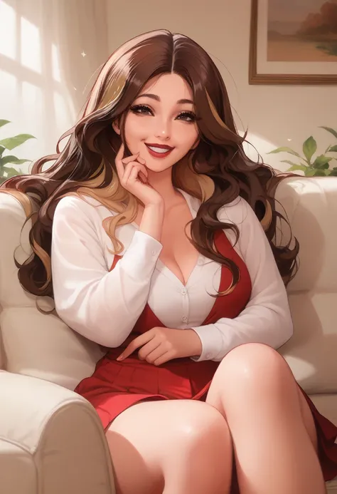 a beautiful woman, milf, wavy brown hair, long hair, brown eyes, two blonde streaks, two-tone hair, school clothes, lipstick, smiling, sitting on the couch, light and shadow, 