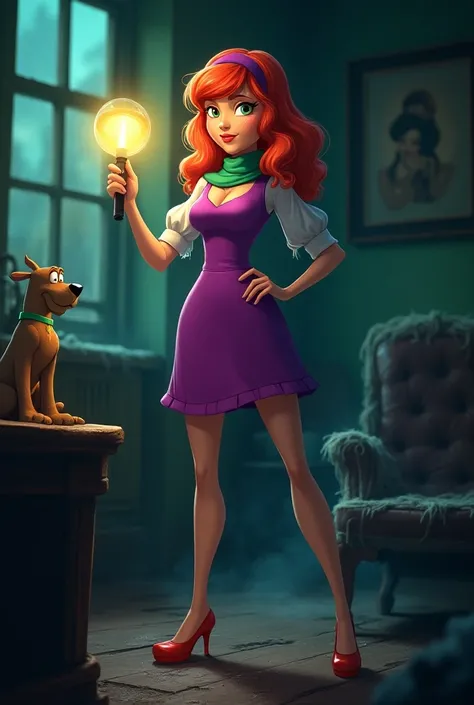 Create a vibrant, detailed scene featuring Daphne from Scooby-Doo in a modern, mystery-solving setting. She stands confidently, wearing her signature purple dress with a green scarf, and a headband that matches her outfit. Her red hair is styled in loose w...