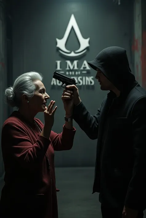 Design for me a grandmother with her hands up and a criminal putting a gun to her head and a logo Lima city of assassins