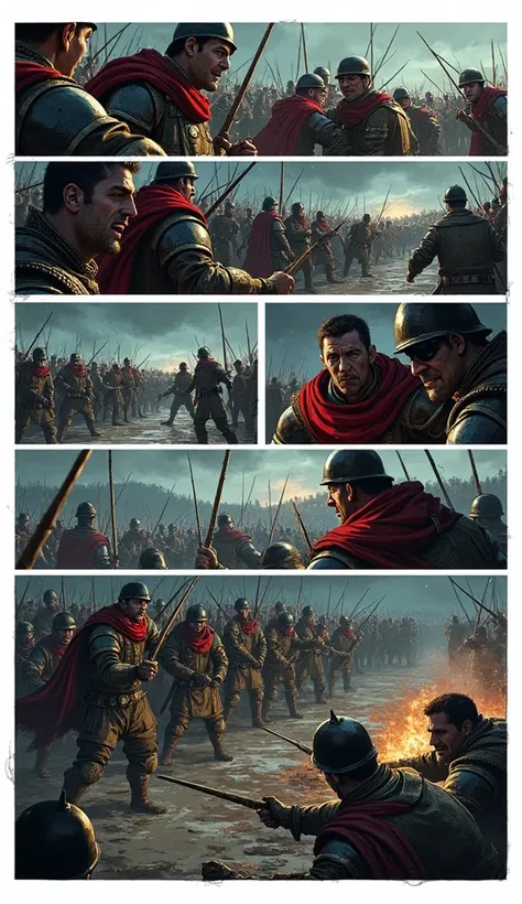 "Storyboard, Comic book panel layout with white border, Multiple views, Immersive, Go Pro, Action Pose, 10 panels ""Scene of Vlad’s soldiers otomanos finding new strength as they fight with vigor, pushing back the enemy forces. Their faces display a mixtur...