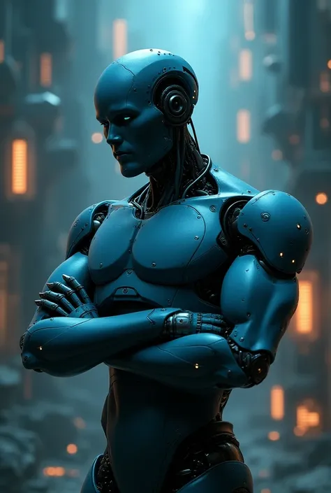 I need an image with the colors blue and black : a humanoid robot with more masculine traits questioning himself in doubt with a technological background 