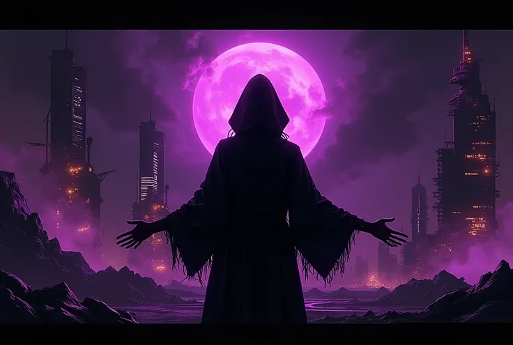 Black background with purple hacker theme, creative art, illustrative art, evil cyber woman from behind, cyber woman from behind, a dark and hooded cyber woman from behind with her arms open arms outstretched arms up observing a scenario of chaos and destr...