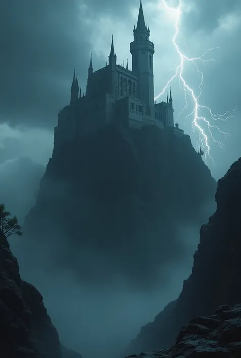 An ominous gothic fortress on top of a steep hill surrounded by clouds and lightning