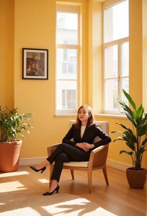 A confident woman, sits poised in a sunny room