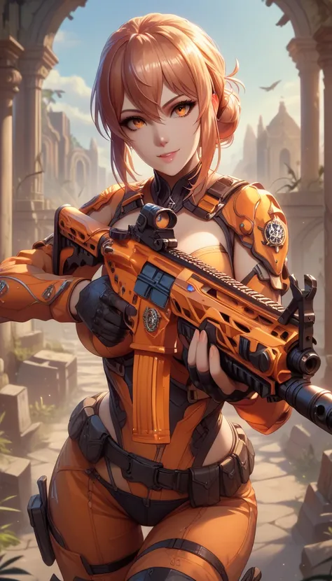 1 mature female, yuigahamama, ultra-detailed, ((masterpiece)), (best quality), (highres), 16K, orange eyes, orange hair, single hair bun, wearing tactical clothes, wearing black panties, black gloves, tactical belt, thigh boots, busty body, large breasts a...