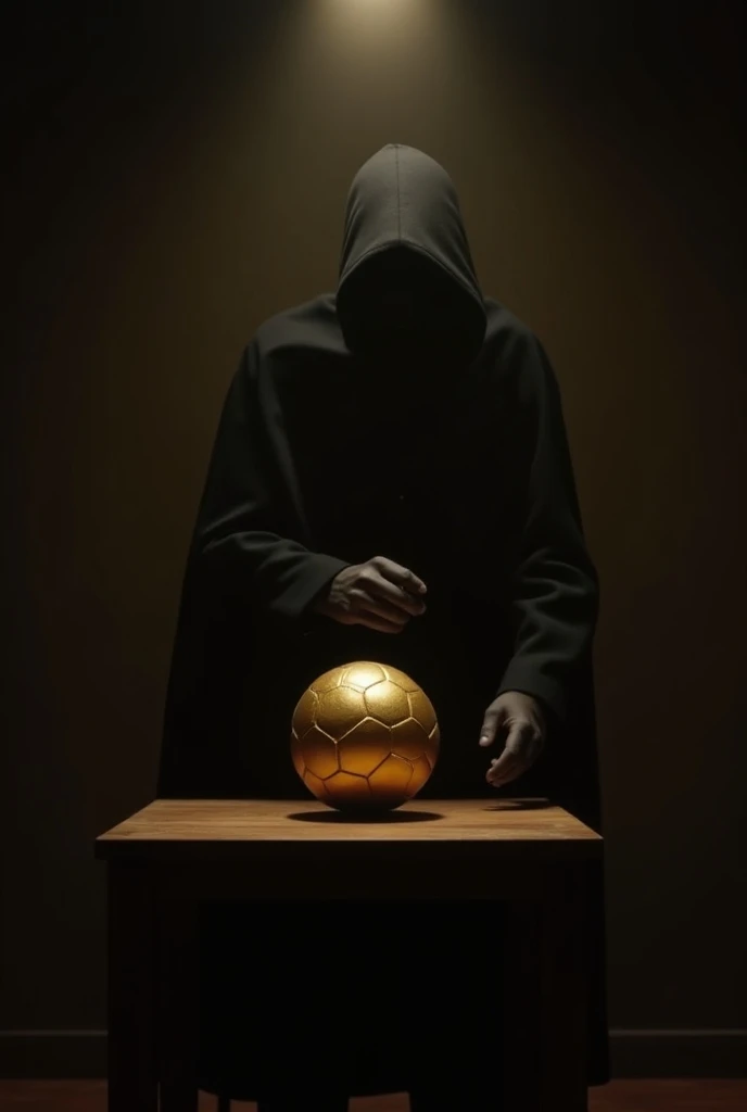 A thief picking up a golden ball Messi in a room And the golden ball is on a table