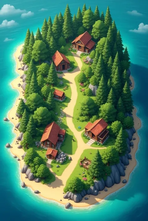 Create an island with houses and a forest