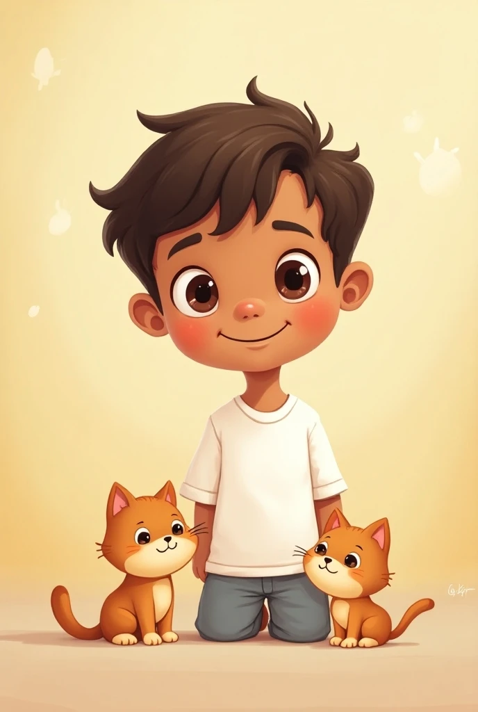 Create a brown boy with wavy and short hair in a cartoon where he is wearing a white t-shirt and a cat