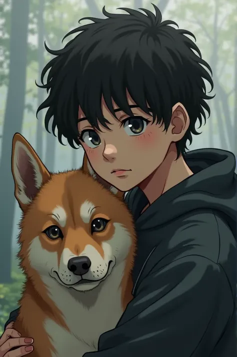 Serious teen boy anime with curly dog with short hair with black hair