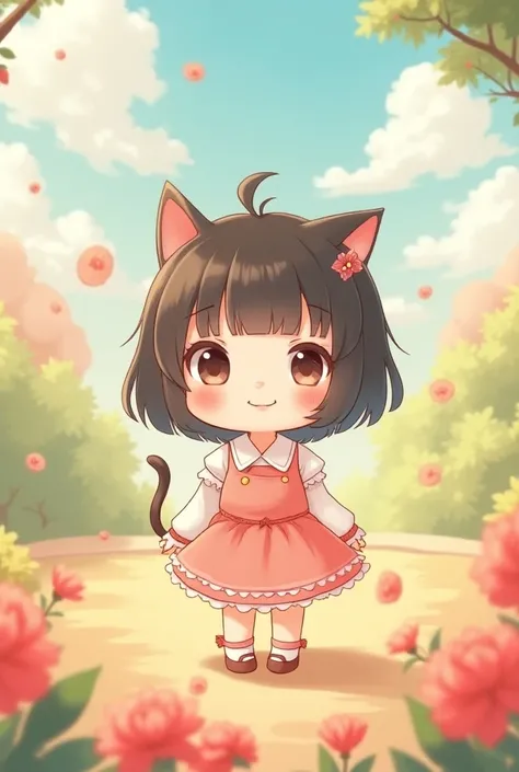 Chibi girl in Kodomo anime style , with cat ears 