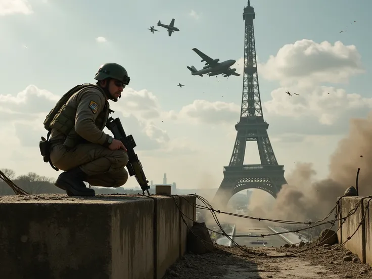 The scene depicts a Delta Force soldier in a high-tension environment, expertly crafted to convey the intensity of the moment. The soldier, clad in full tactical gear, is positioned off-center behind a broken concrete block, with strands of barbed wire add...