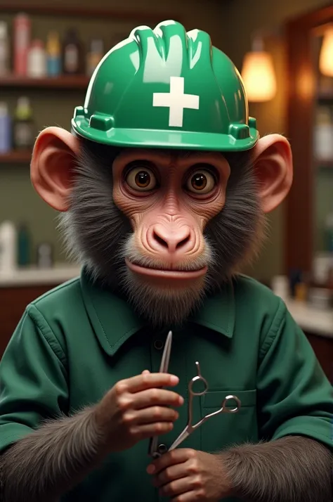 Generate a realistic 4k ,  image of a barber baboon the baboon must have human features and traits he must be a barber, ele está usando um capacete de obras Verde com uma cruz branca na frente 