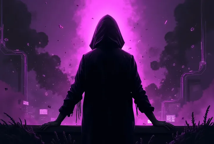 Black background with purple hacker theme, creative art, illustrative art, evil cyber woman from behind, cyber woman from behind, a dark and hooded cyber woman from behind with her arms open arms outstretched arms up observing a scenario of chaos and destr...