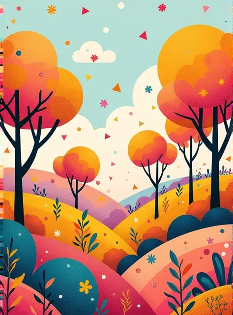  Lisa Larson Style   、How to draw a landscape by arranging round circles 、 illustration art pop and stylish illustration  、    cute　A typical atmosphere      、   A pop and colorful illustration of a prairie with a bright yellow-green gradation 、  Fresh and...