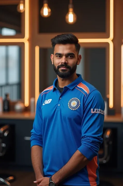 Hyper-realistic image of a famous Indian cricketer resembling Rohit Sharma standing in a modern barber shop. He is wearing an Indian Cricket team jersey with blue and orange accents, showcasing a relaxed yet focused expression as he waits for a haircut. Th...