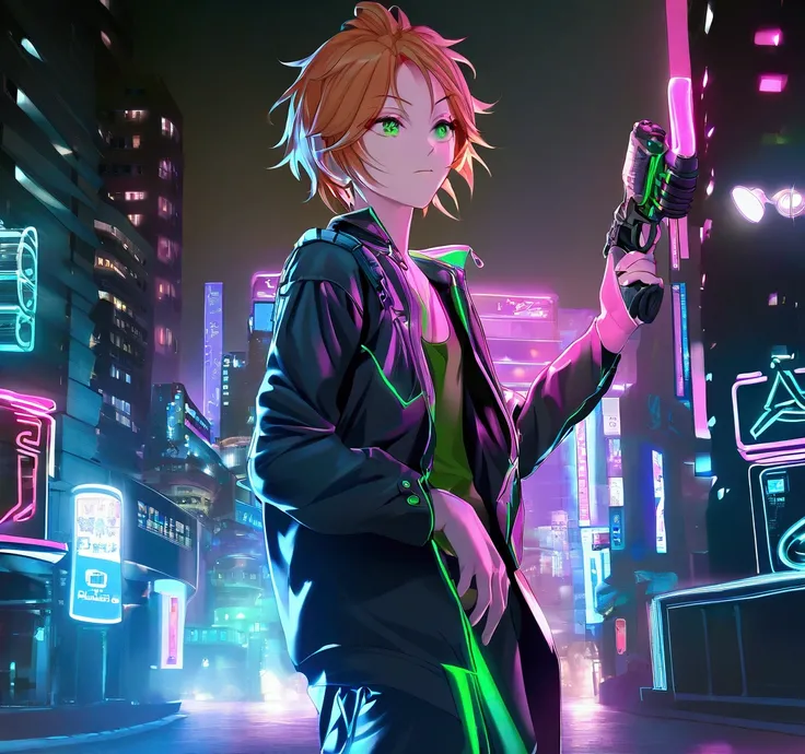 1boy, aoi yuta, ensemble stars!, orange short hair, beautiful green eyes, tank top, extremely detailed eyes and face, black jacket, solo, standing, city street, cyberpunk, neon light, gun in hand, night, detailed background, masterpiece, best quality, illu...