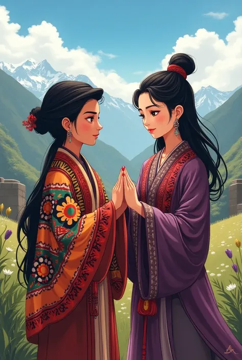 Plis draws an Andean Peruvian person shaking hands with an Asian in anime style and each one wearing their respective clothing from their cultures