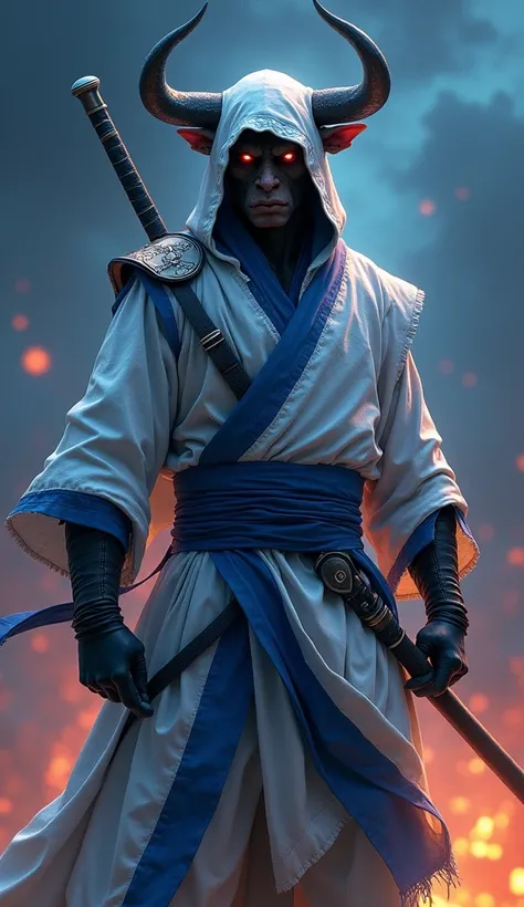 Create A Bull Ninja Warrior In White And Blue Ninja Outfit, Realistic, Masterpiece, Humanoid Bull Ninja Man, Holding A Sword, Eye Catching Background, Ultra Detailed Realistic Image, HD, 4k, Clear, Standing Straight epic and scary looking with cinematic st...