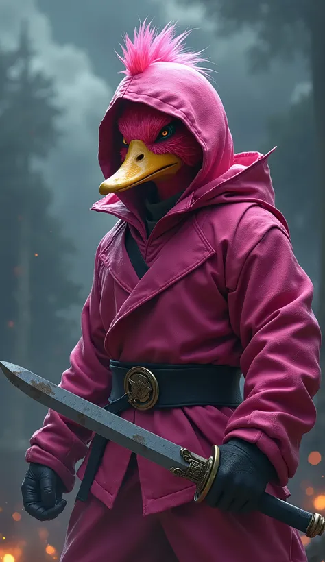 Create A Duck Ninja Warrior In Pink Ninja Outfit, Realistic, Masterpiece, Humanoid Duck Ninja Man, Holding A Sword, Eye Catching Background, Ultra Detailed Realistic Image, HD, 4k, Clear, Standing Straight epic and scary looking with cinematic style, color...