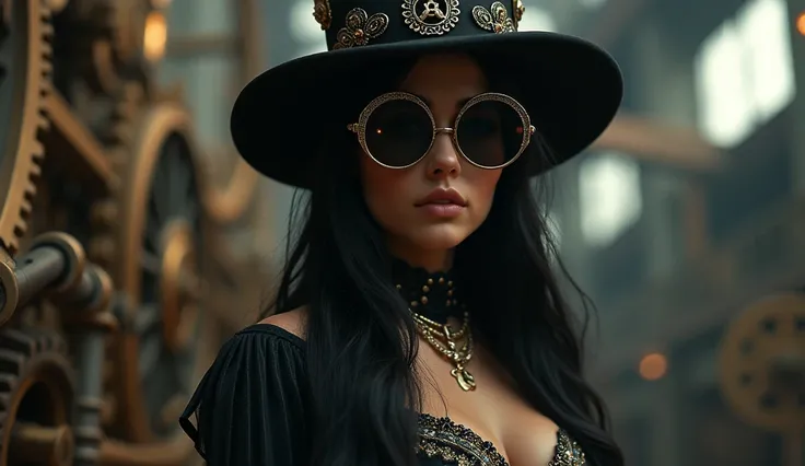 beautiful woman in the hat and round steel gear, long black hair, round black sunglasses, steampunk clothing, victorian era, ((steampunk)), cinematography, crafted, elegant, meticulous, magnificent, maximum details, extremely hyper aesthetic, intricately d...