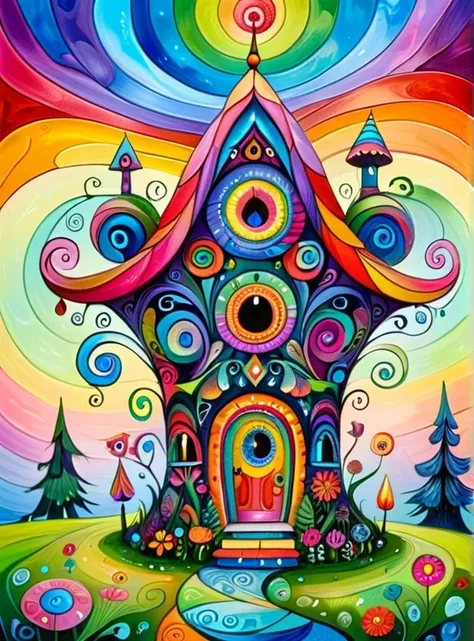 ral-colorswirl, fairy totem with a house on top, top view, 