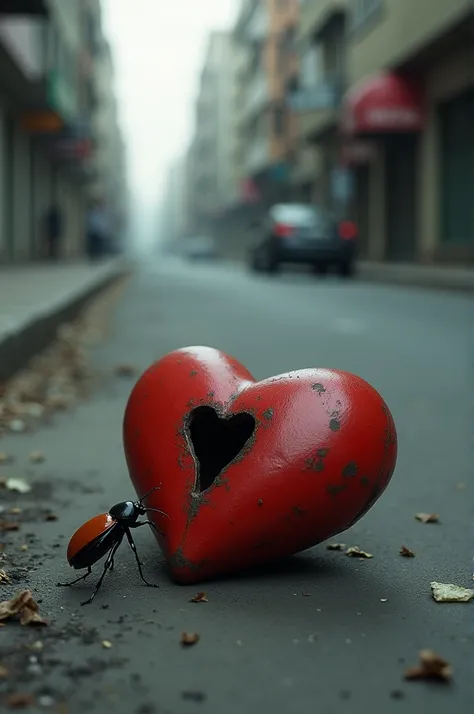 Draw a heart lying on a lonely street, a beetle entering the heart.

