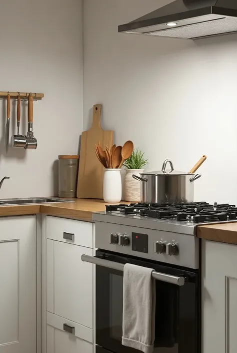  Create a realistic photo of a kitchen bench whose length is the extension of the wall, with a stainless steel sink on the left of photo ,  in the middle of the countertop enough space for handling food and on the right a 4-burner stove.  Next to the stove...