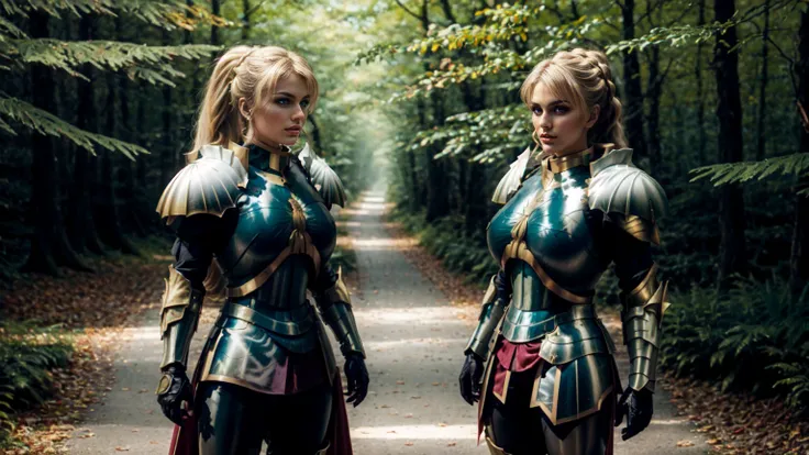 masterpiece, best quality, 1girl, alicetaria,blonde hair, long hair, ponytail, green eyes, big naked  boobs,latex shoulder armor, latex armor, latex armor boots,stand in a Forest