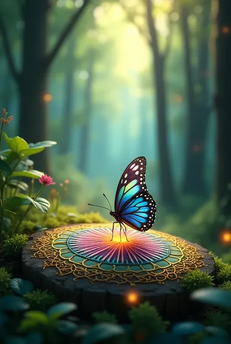 Butterfly and mandala in the forest 
