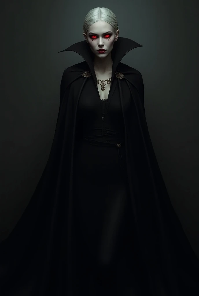 Correct the image above with red sparkling eyes and a black vampire cape