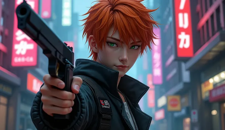 1boy, aoi yuta, ensemble stars!, orange short hair, beautiful green eyes, tank top, extremely detailed eyes and face, black jacket, solo, standing, city street, cyberpunk, neon light, gun in hand, night, detailed background, masterpiece, best quality, illu...